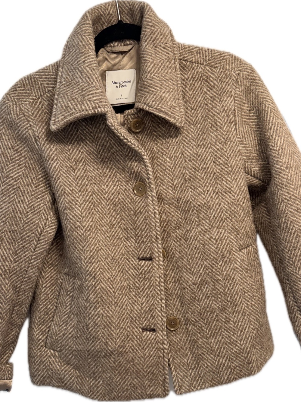 Abercrombie & Fitch Taupe Herringbone Wool-Blend Pea Coat